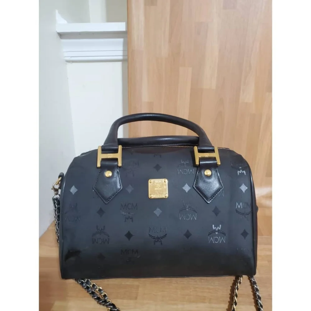 Authentic MCM Signature Visetos Monogram Boston Bag with Strap